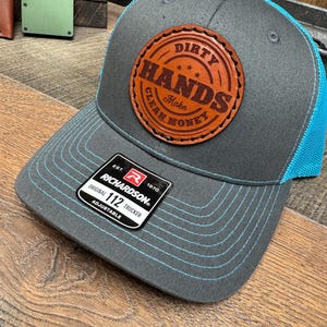 Blue Collar Hat, Dirty Hands, Clean Money, Construction, Electrician, Lineman, Welder, Mechanic, Leather Patch Hat, Gift, His Her, Dad Hat