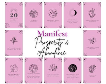 May include: Twenty pink affirmation cards with black text and illustrations. The cards feature affirmations for prosperity and abundance, such as "I am wildly successful" and "I manifest money with ease".