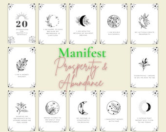 May include: A set of 20 affirmation cards with black and white illustrations of moons, stars, and leaves. The cards are designed to help manifest prosperity and abundance. The text on the cards includes affirmations such as "I am a money magnet" and "My actions create prosperity."
