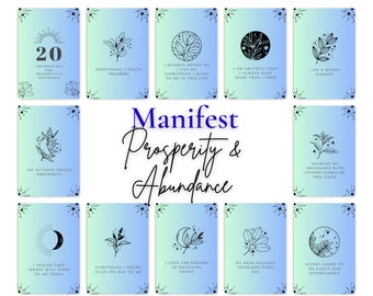 May include: Twenty affirmations for prosperity and abundance, each with a different illustration of a plant and a quote. The affirmations are written in black text on a blue and green gradient background.