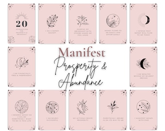 May include: Twenty pink affirmation cards with black illustrations and text. The cards feature affirmations for prosperity and abundance, such as "I am a money magnet" and "Money flows to me easily and effortlessly".