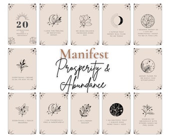 May include: Twenty affirmation cards with black line drawings of plants, moons, and stars on a beige background. The cards feature affirmations for prosperity and abundance, such as "I love the feeling of receiving money" and "Everything I desire is on its way to me".