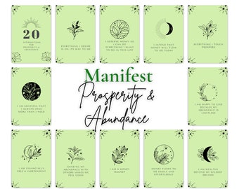 May include: Twenty green and black affirmation cards with illustrations and text. The cards are titled "Manifest Prosperity & Abundance".