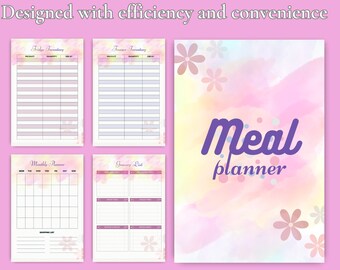Puede incluir: Un fondo de acuarela rosa y amarillo con un diseño floral morado y el texto "Meal planner". La página está dividida en cuatro secciones: Inventario de la nevera, Inventario del congelador, Planificador mensual y Lista de la compra.