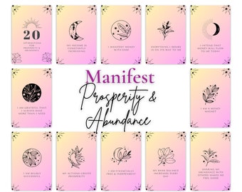 May include: Twenty affirmation cards with black and white illustrations of moons, stars, and plants on a pink and yellow gradient background. The cards feature affirmations for prosperity and abundance.