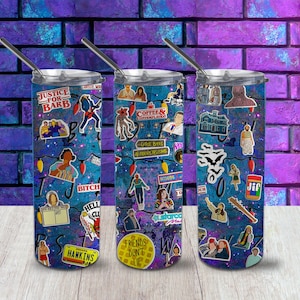 May include: Three tall cylindrical tumblers with lids and metal straws, featuring a dark blue background with a pattern of colourful stickers, Christmas lights, and alphabet letters. Text includes Justice for Barb, Coffee and Contemplation, and Friends Don't Lie.