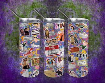 May include: Three cylindrical tumblers with clear lids and metal straws, featuring a purple background with a colorful floral pattern and numerous stickers depicting characters, quotes, and iconic objects from the television show Friends.