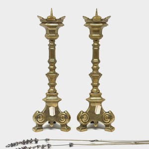 Antique 10&quot; Brass Italian Baroque Style Pricket Candlesticks | Brass Candle Holders | Made in Italy | Wedding Candles | Mantle Display