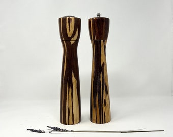Vintage Bamboo Wood Salt Shaker and and Pepper Mill Grinder Set 12" Tall