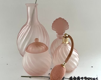 Vintage Art Deco Pink Perfume Atomizer Set | Vintage Decor | Set of 4 Pink Perfume Set with Vase | Gift for her