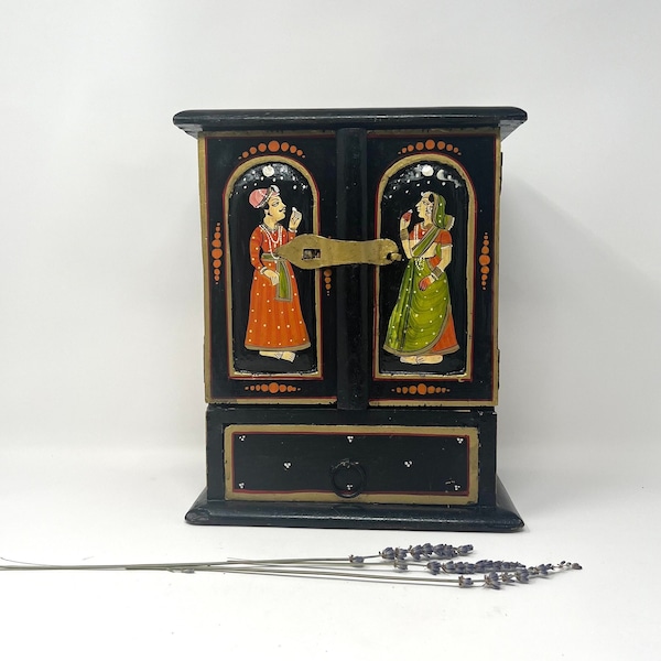 Vintage Wood Chest From India Cabinet Jewelry Trinket Box Hand Painted | Vintage Decor | Vintage Gift