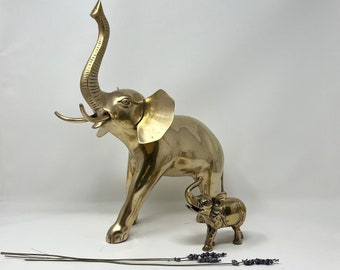 1970s Set of Good Luck Brass Elephants With Raised Trunks | Vintage Decor