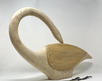 Rare 1970's MAITLAND SMITH Tessellated Stone Sculptural Swan | Pencil Reed Overlay