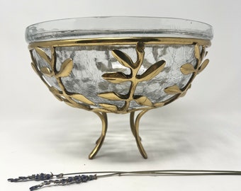 1970's Crackle Glass Bowl with Brass Stand | Leaf Pattern Stand with 4 Legs | Decorative Fruit Bowl