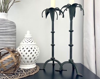 Vintage Wrought Iron (Green) Palm Tree Candle Holders | Samuel Yellin Style | Vintage Decor