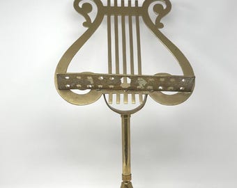 1970&#39;s Brass 20&quot; Music Stand | Lyre Back Neoclassical Style Book Lectern | Menu Stand| Music Stand | Brass Decor | Vintage Decor