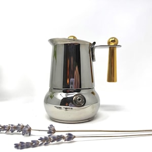 1980s GUIDO BERGNA (Italy) &#39;Kitty Oro&#39; 1-Cup | Never Been Used | Italian Espresso Coffee Maker | 18-10 Stainless Steel | Made in Italy