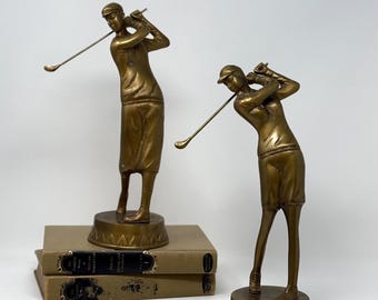 1940s Large Brass Golfers Set | 12&quot; Tall Male and Female Golf Pair in Knickers and Fedoras | Vintage Decor