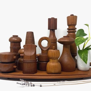 May include: A collection of various brown wooden kitchen tools, including pepper mills, salt shakers, and containers, arranged on a long oval wooden serving tray. A small white ceramic pot with a green leafy plant sits on the right side of the tray.
