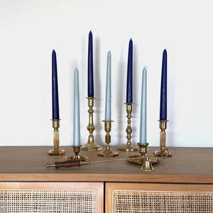 Lot of 8 | Vintage Brass Taper Candlestick Holders and Brass Snuffer | Gold Taper Candle Stick Holders | Wedding Candles | Vintage Decor