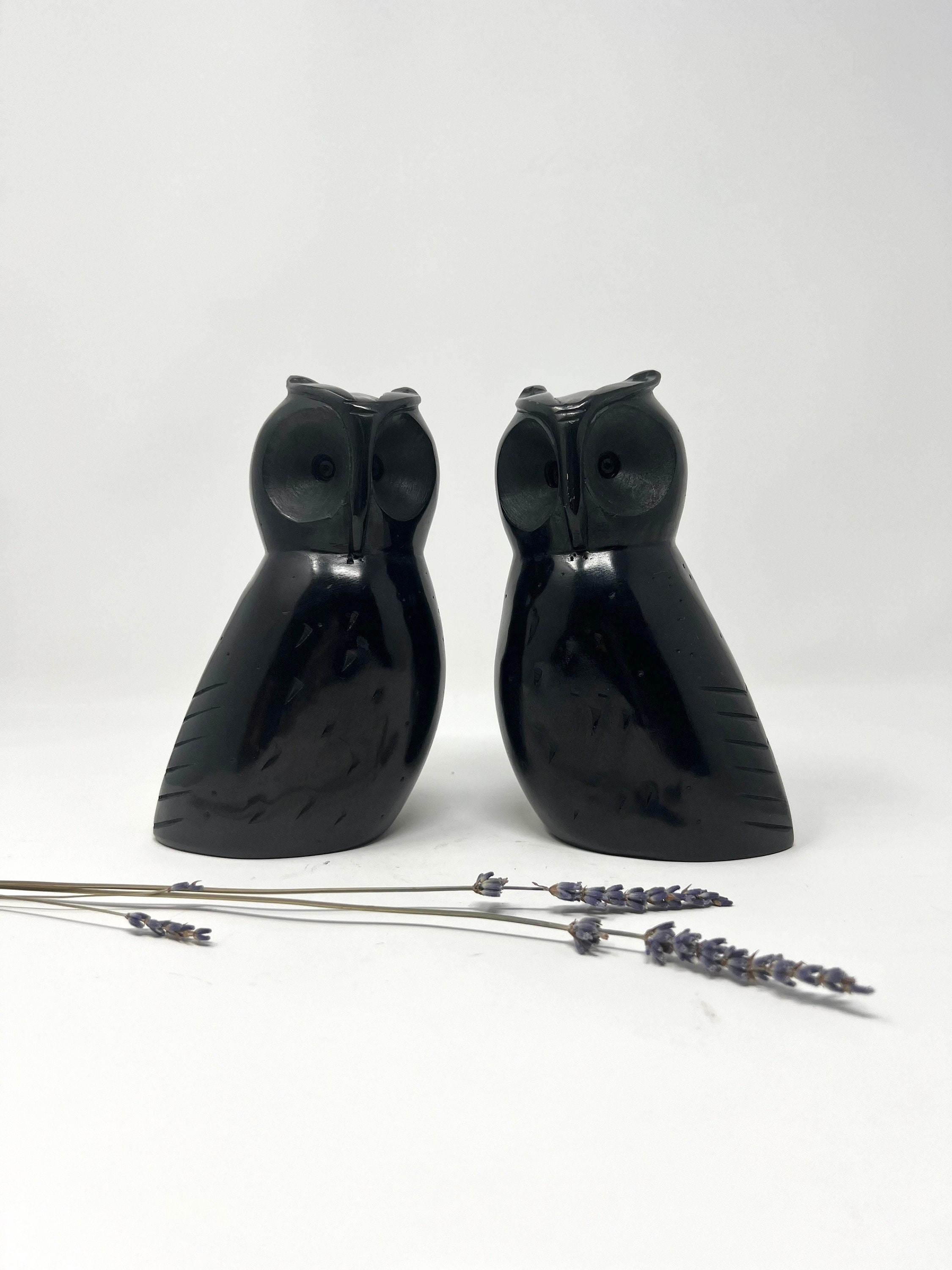 1970s Soapstone Owl Bookends | Black Palewa Soapstone Owls | Mid Century Modern Owl Decor
