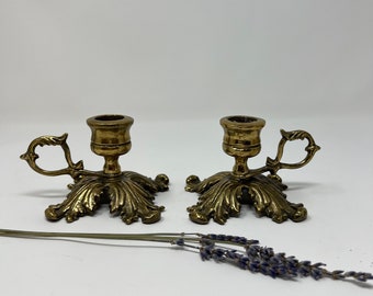 Vintage Brass Candlestick Holders | Handle with Leaf Design