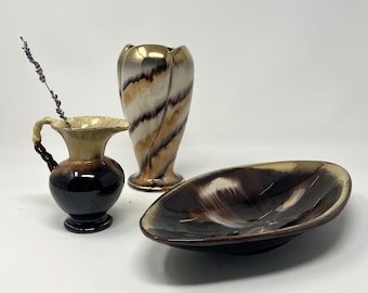 1950s West German Pottery Trio | Bay Keramik Tulip Drip Glazed Vase 548-17, Miniature Pitcher 518-10 and Trinket Dish 447 | Vintage Decor