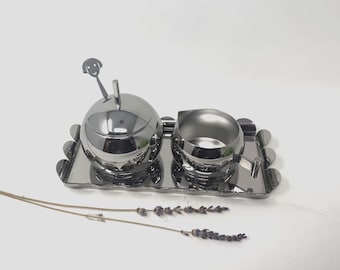 ALESSI (Italy) Anna G Cream and Sugar Set Designed by Alessandro | Postmodern 18/10 Polished Stainless Steel | Recinto Tray