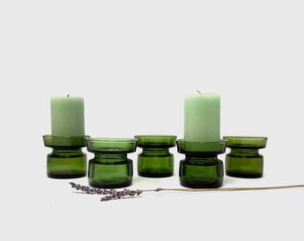 1960s DANSK (Denmark) Set of 5 Green Glass Candle Holders Made in Denmark | Designed by Jens Harald Quistagaard for Dansk | MCM Decor