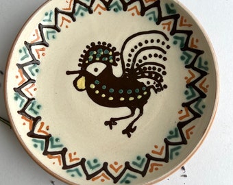 HOREZU (Romania) - Rooster Mischiu Stamped Folk Art Pottery Clay Plate | Vintage Decor