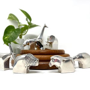 1980s DANSK Designs Silver-Plated Animal Paperweights | Gunnar Cyrén Zoo Series Giraffe, Hippo, Seal, Lion, Buffalo, Elephant, Bear, Gazelle