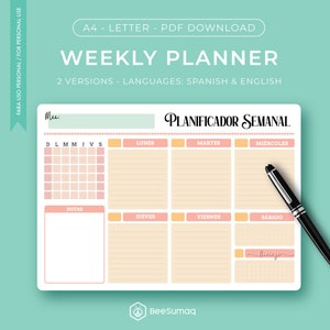 Planificador Semanal Imprimible Sp-En / Lista de Tareas Semanales Imprimible PDF, Carta y A4 / Descarga Digital, Plantillas de Diseño Cute,