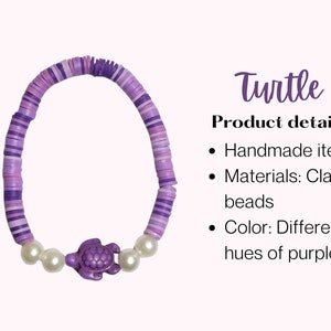May include: A handmade bracelet featuring clay beads in various shades of purple. The bracelet includes a purple turtle charm and white pearl beads. The text "Turtle" and "Product details" are also visible.