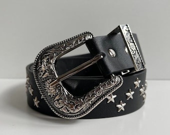 Vintage black American western cowboy boho star-studded belt