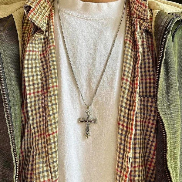 grunge chrome silver cross pendant necklace