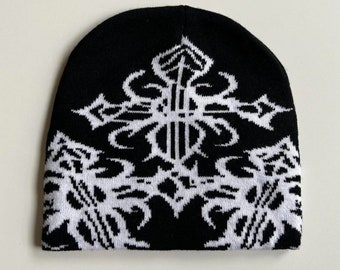 Y2K 2000s grunge gothic punk cross cozy black and white beanie