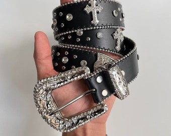 Y2K 2000s vintage black chrome cross studded goth emo black belt