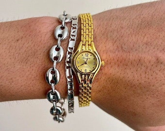 Reloj de cuarzo de acero inoxidable redondo dorado bonito estilo vintage