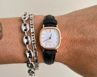 vintage stijl schattig vierkant zwart lederen luxe horloge