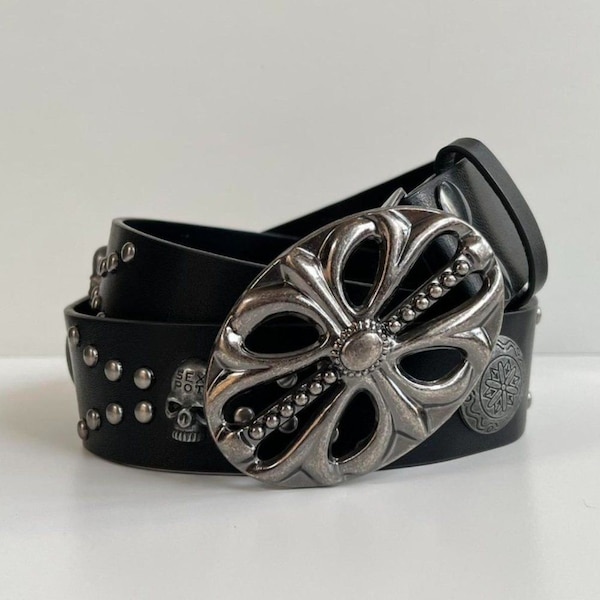 Y2K 2000s vintage skeleton chrome cross studded goth emo black belt