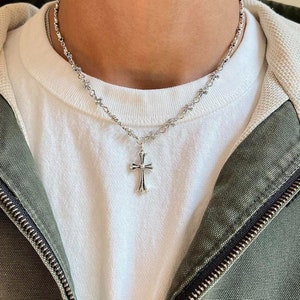 y2k grunge chrome color silver cross pendant necklace