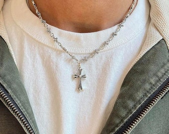 y2k grunge chrome color silver cross pendant necklace