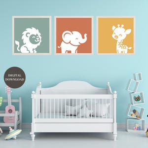 Safari Animal Nursery Posters Set of 3, Lion, Elephant, Giraffe, Nursery Wall Art Print, Baby Animal Prints, Kids Room Wall Art