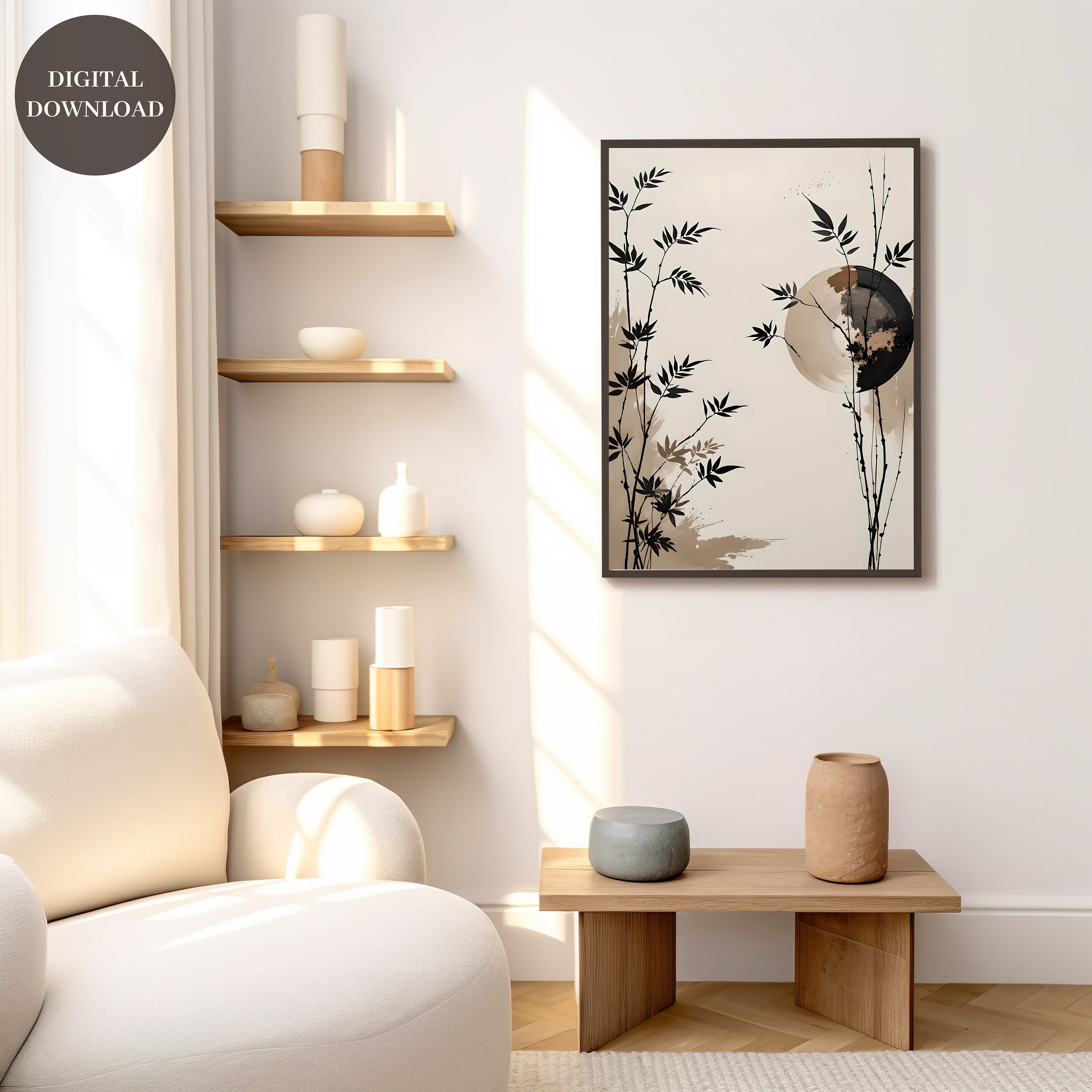 Twigs Japandi Wall Art, Japandi Print, Tranquil Nature Wall Decor, Wabi