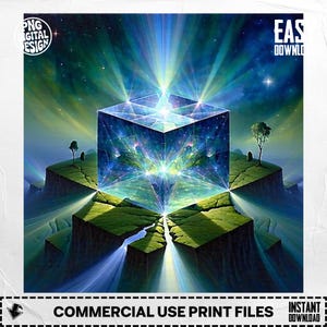 Cosmic Cube Fantasy Art Print: Sacred Geometry Celestial Illustration (Digital Download PNG File)
