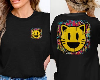 Vibrant Cat Face Art T-Shirt, Graffiti Design Tee