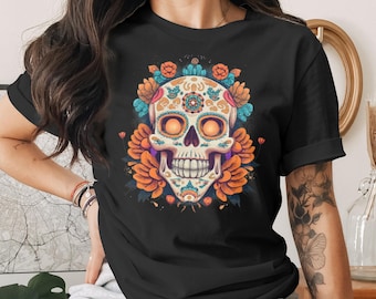 T-shirt Le jour des morts, t-shirt floral tête de mort en sucre, graphisme artistique