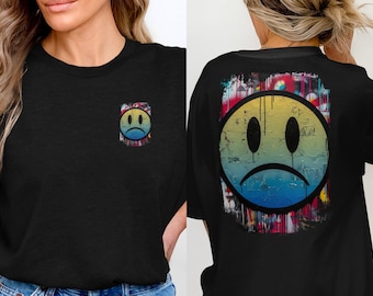 Graffiti Kunst Trauriges Emoji T-Shirt, Urban Streetwear Grafik-T-Shirt