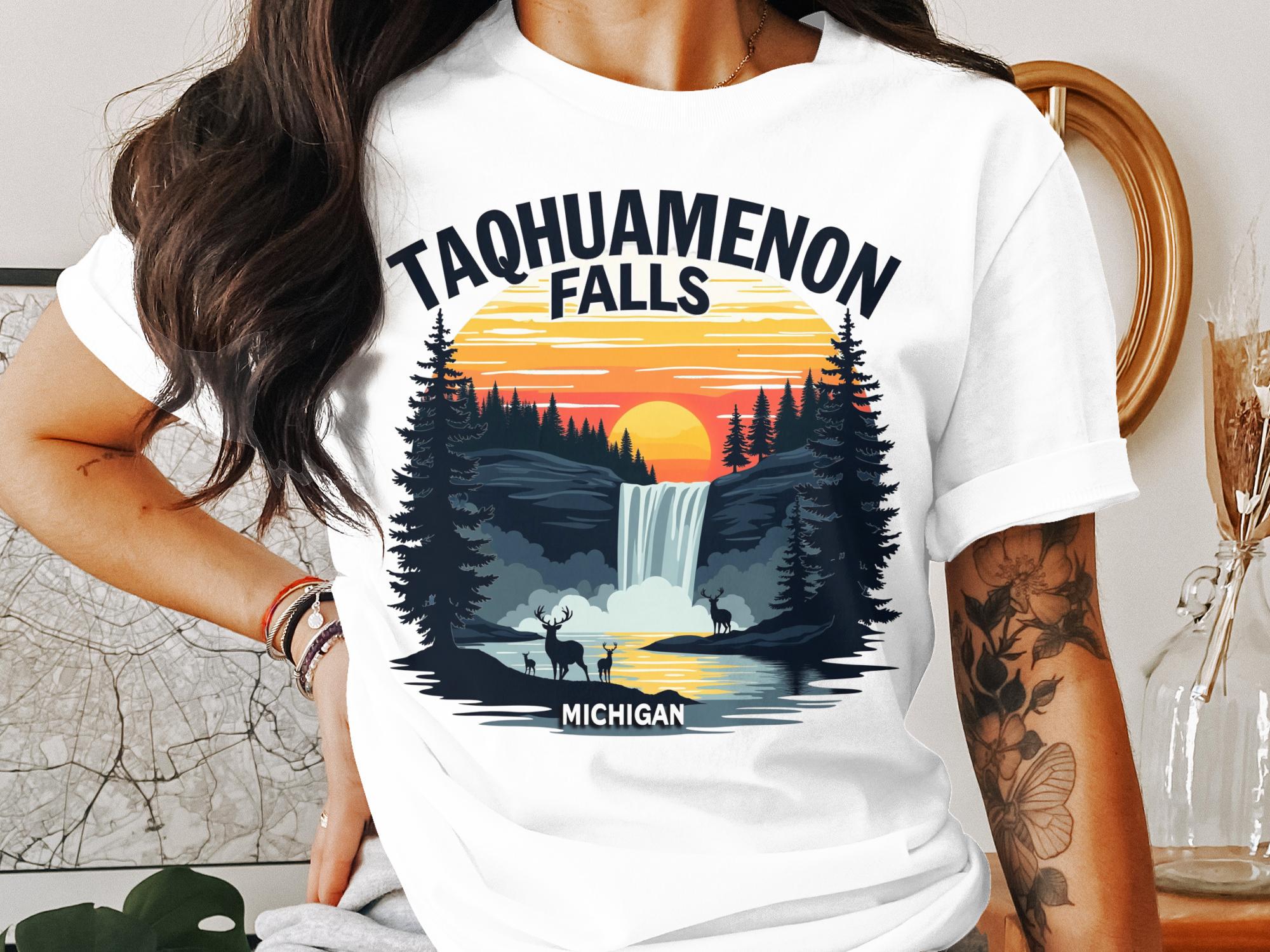 Taqhuamenon Falls Graphic Tee Sweatshirt Hoodie Adventure Michigan Nature Scene Deer Sunset Unisex Shirt Outdoor Wear Gift