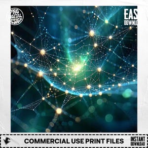 May include: An abstract digital artwork featuring a network of interconnected nodes, rendered in shades of blue and green with glowing yellow accents. The image has a futuristic, scientific aesthetic, with the text "PNG DIGITAL DESIGN" and "EAS DOWNLOAD". The bottom of the image reads "COMMERCIAL USE PRINT FILES".